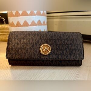 Michael Kors Dark Brown MK Logo Continental Wallet with Gold-Tone Emblem